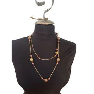 Vintage Gold-Tone & Copper Bead Necklace With Dual Chains And Adjustable Clasp